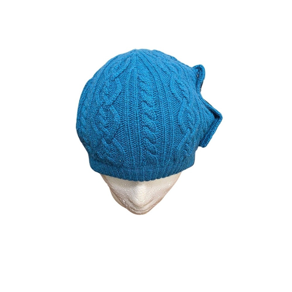 True Religion Cable Knit Teal Beanie Hat Decorative Wooden Buttons & Leather Tri